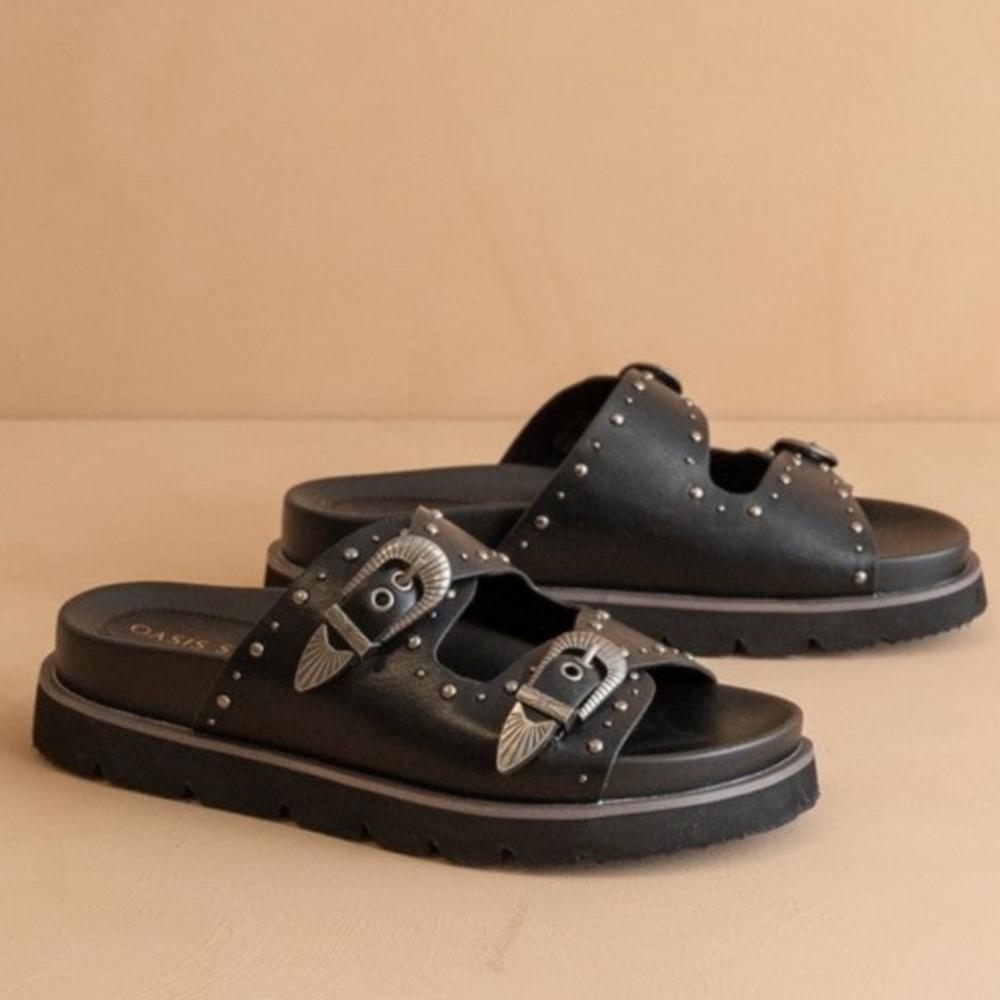 Double Western Buckle Slides Sandals